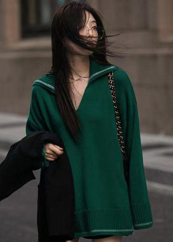 Modern Blackish Green V Neck Side Open Knitted Tops Spring TG1030