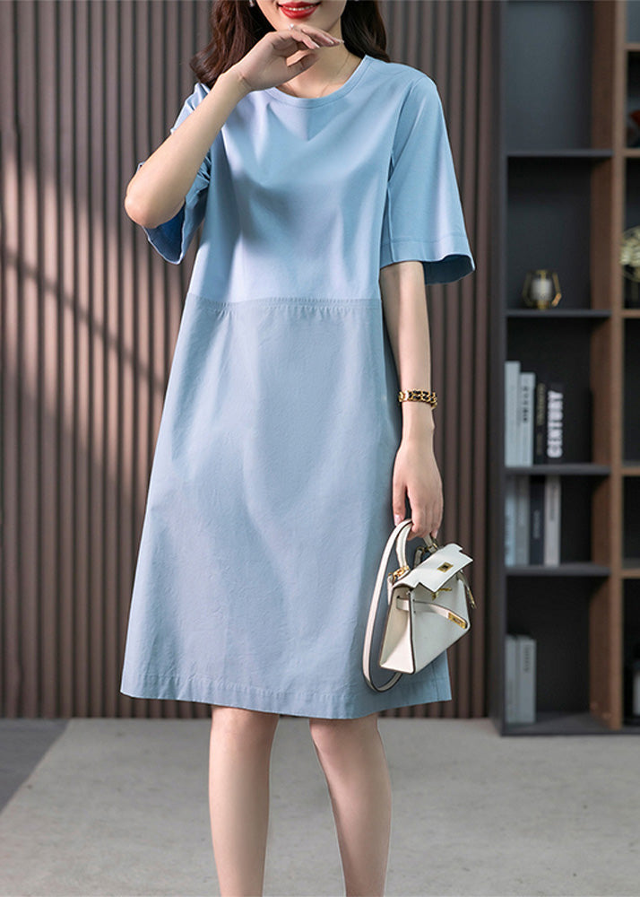 Modern Blue O-Neck Patchwork Cotton Maxi Dresses Short Sleeve LY1760