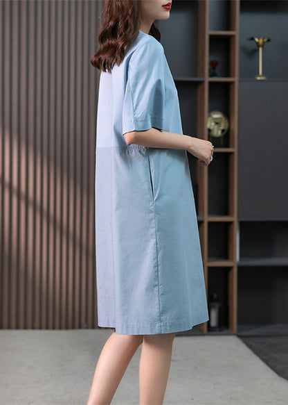 Modern Blue O-Neck Patchwork Cotton Maxi Dresses Short Sleeve LY1760