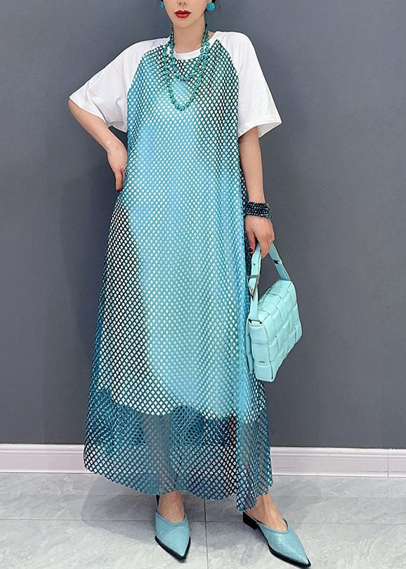 Modern Blue O Neck Patchwork Sheer Mesh Cotton Dress Short Sleeve