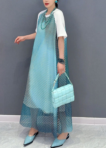 Modern Blue O Neck Patchwork Sheer Mesh Cotton Dress Short Sleeve LC0324