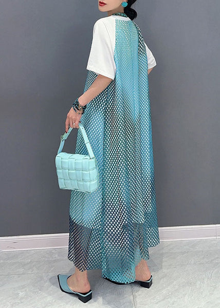 Modern Blue O Neck Patchwork Sheer Mesh Cotton Dress Short Sleeve LC0324