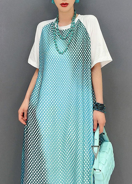 Modern Blue O Neck Patchwork Sheer Mesh Cotton Dress Short Sleeve LC0324