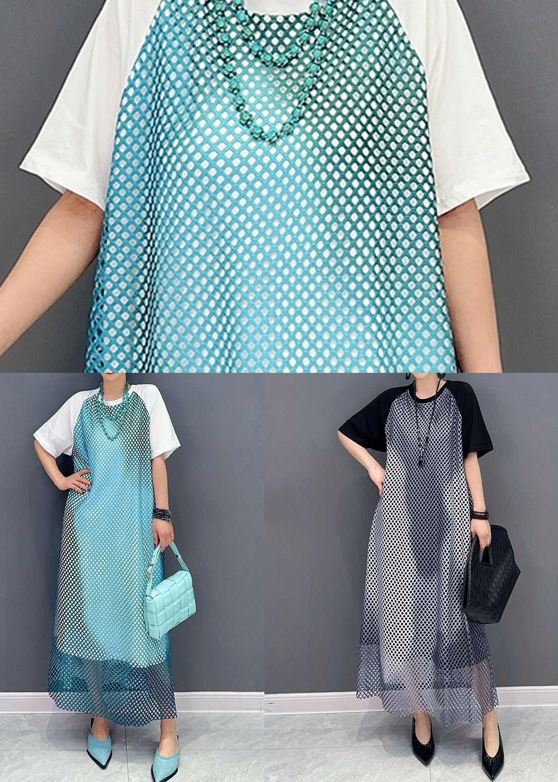 Modern Blue O Neck Patchwork Sheer Mesh Cotton Dress Short Sleeve LC0324