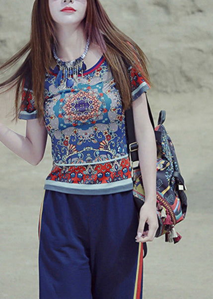 Modern Blue O-Neck Print T Shirt Summer LY0187