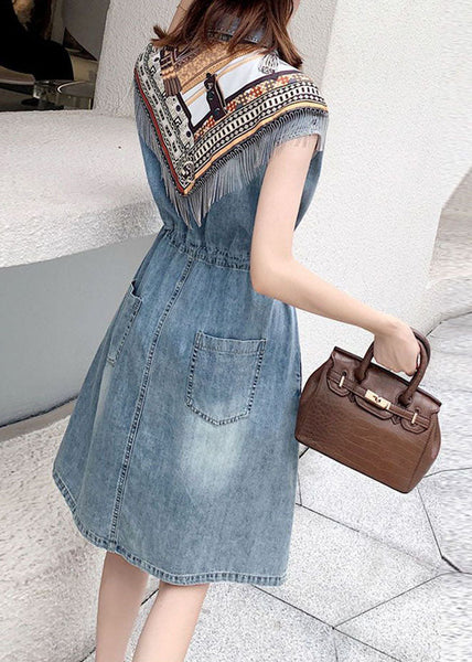 Modern Blue Peter Pan Collar Patchwork Drawstring Denim Mid Dress Short Sleeve AC2011