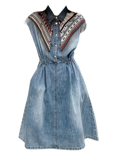Modern Blue Peter Pan Collar Patchwork Drawstring Denim Mid Dress Short Sleeve AC2011