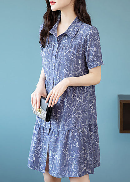 Modern Blue Peter Pan Collar Print Patchwork Chiffon Shirts Mid Dress Summer TQ1008