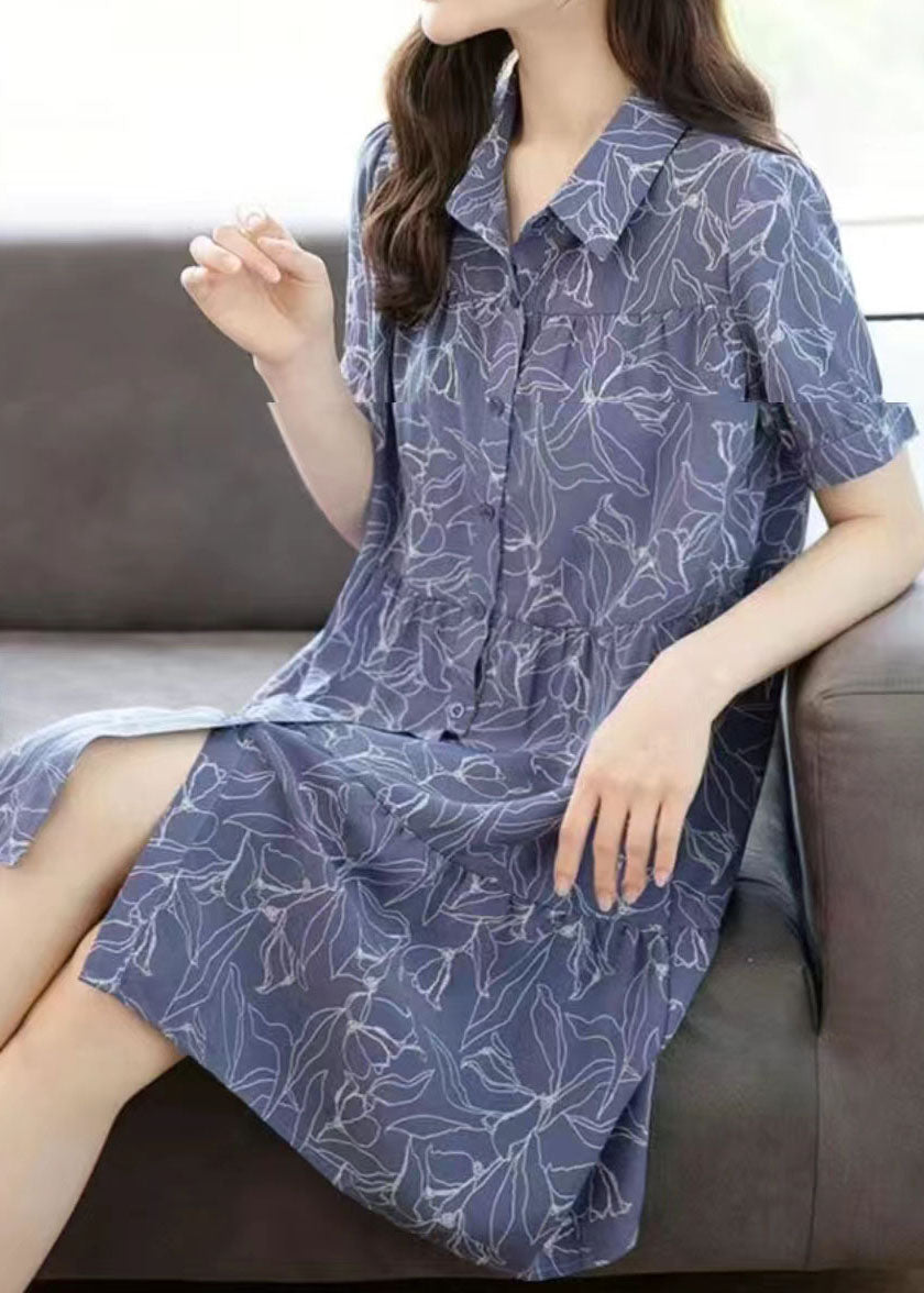 Modern Blue Peter Pan Collar Print Patchwork Chiffon Shirts Mid Dress Summer TQ1008