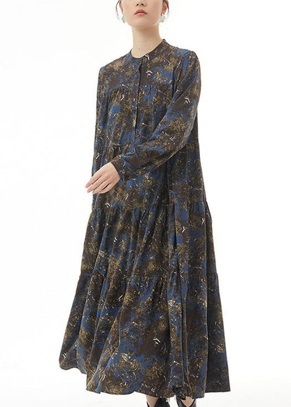 Modern Blue Stand Collar Print Wrinkled Patchwork Cotton Dresses Spring LY1152