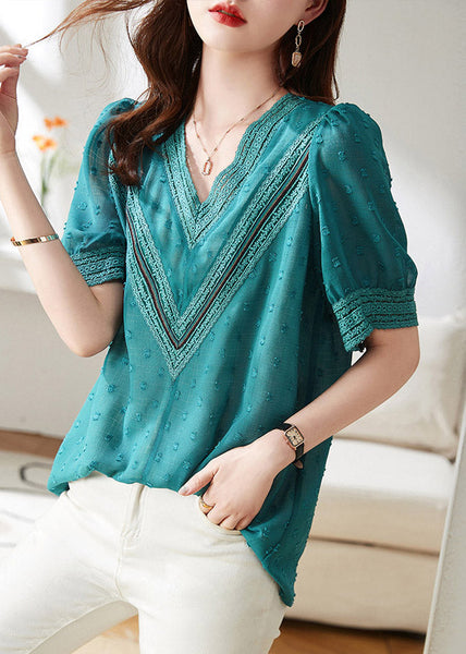 Modern Blue V Neck Patchwork Chiffon T Shirt Short Sleeve LY1487