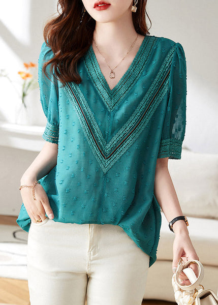 Modern Blue V Neck Patchwork Chiffon T Shirt Short Sleeve LY1487