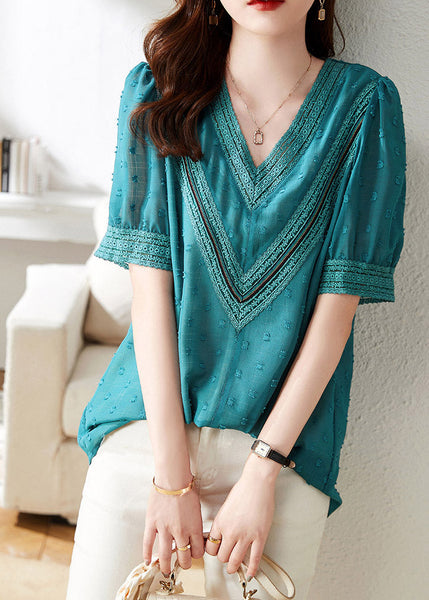 Modern Blue V Neck Patchwork Chiffon T Shirt Short Sleeve LY1487