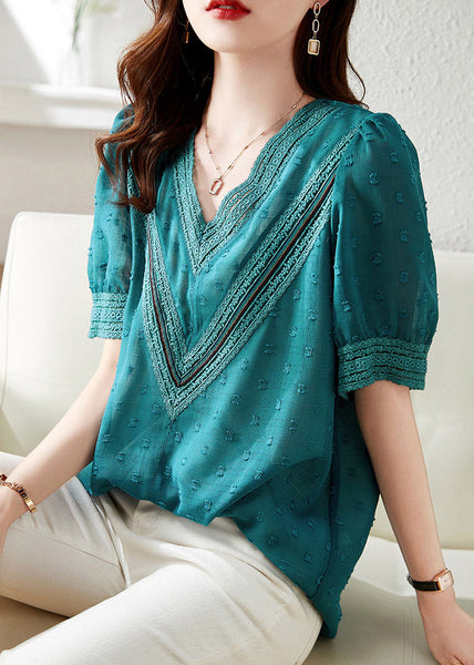 Modern Blue V Neck Patchwork Chiffon T Shirt Short Sleeve LY1487