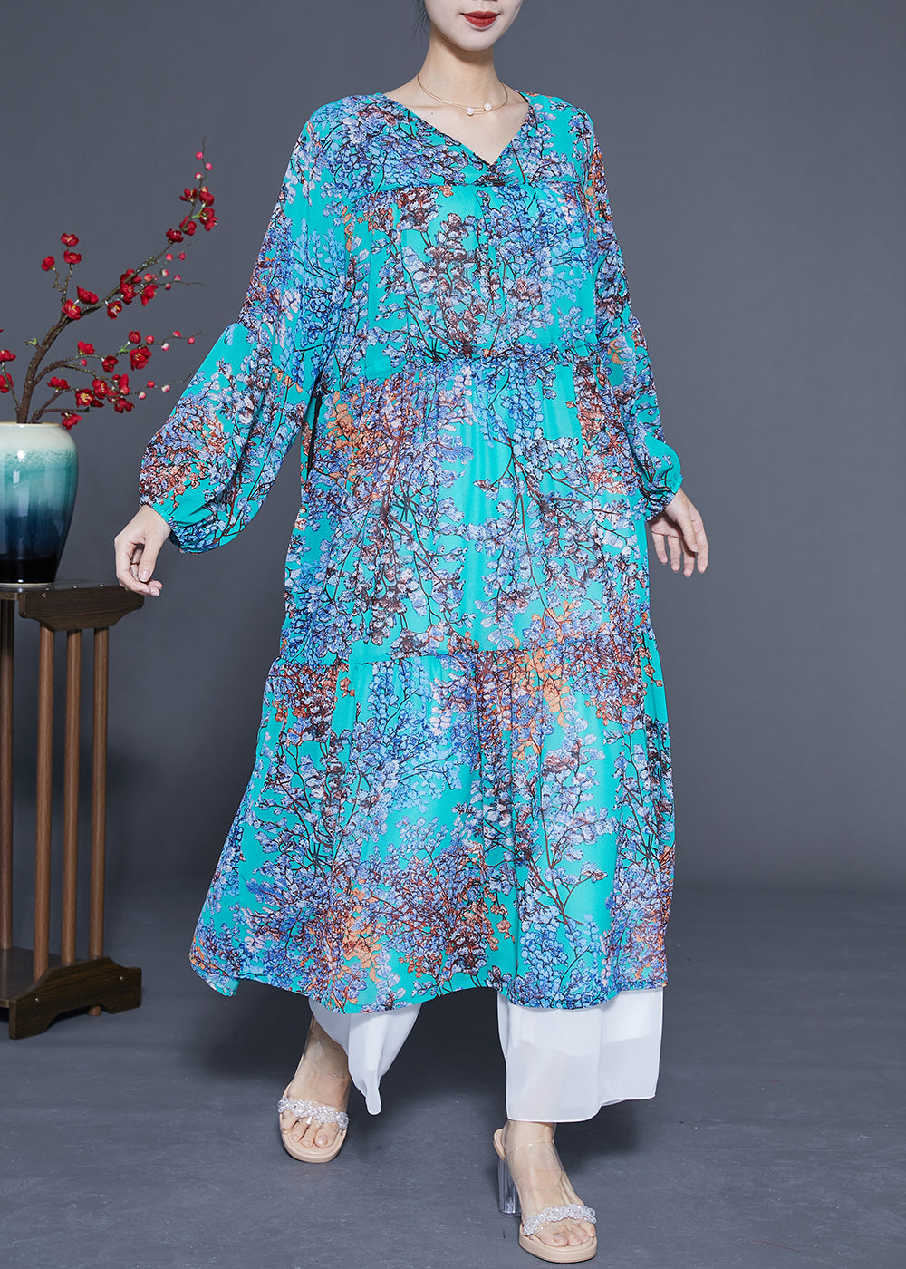 Modern Blue V Neck Patchwork Exra Large Hem Chiffon Long Dresses Spring LY1086