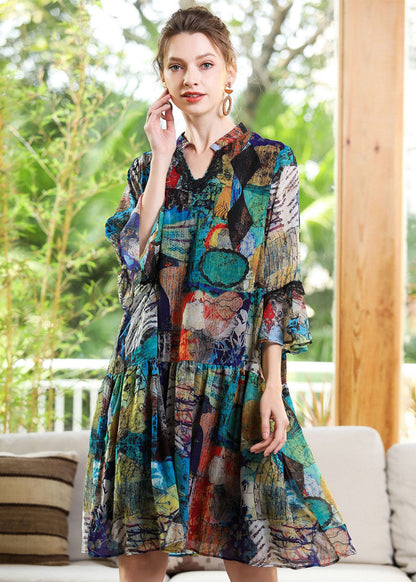 Modern Blue V Neck Patchwork Print Chiffon Party Dress Bracelet Sleeve LY0345