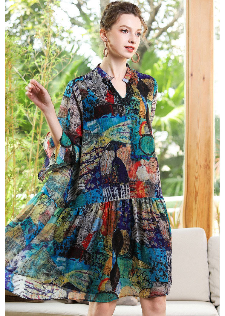 Modern Blue V Neck Patchwork Print Chiffon Party Dress Bracelet Sleeve LY0345