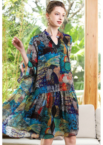 Modern Blue V Neck Patchwork Print Chiffon Party Dress Bracelet Sleeve LY0345