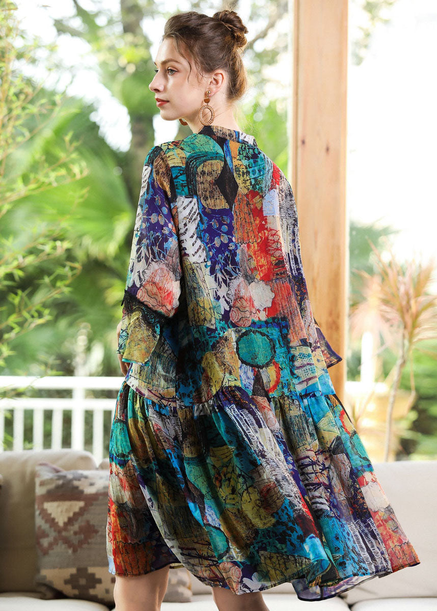 Modern Blue V Neck Patchwork Print Chiffon Party Dress Bracelet Sleeve LY0345