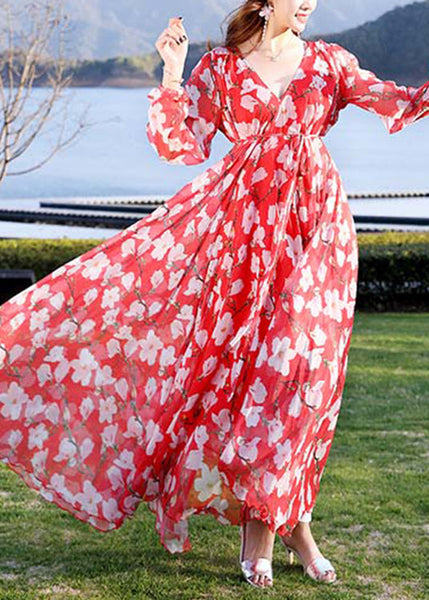 Modern Blue V Neck Print Tie Waist Chiffon Holiday Long Dress Long Sleeve LY1701