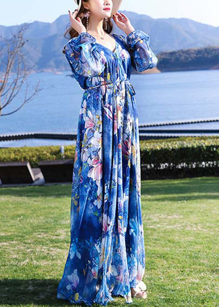 Modern Blue V Neck Print Tie Waist Chiffon Holiday Long Dress Long Sleeve LY1701