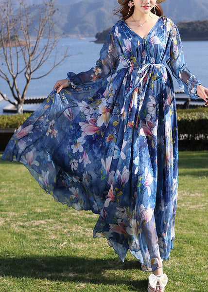 Modern Blue V Neck Print Tie Waist Chiffon Holiday Long Dress Long Sleeve LY1701