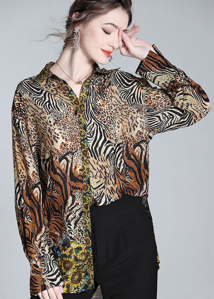 Modern Brown Peter Pan Collar Leopard Print Silk Top Spring LY1058