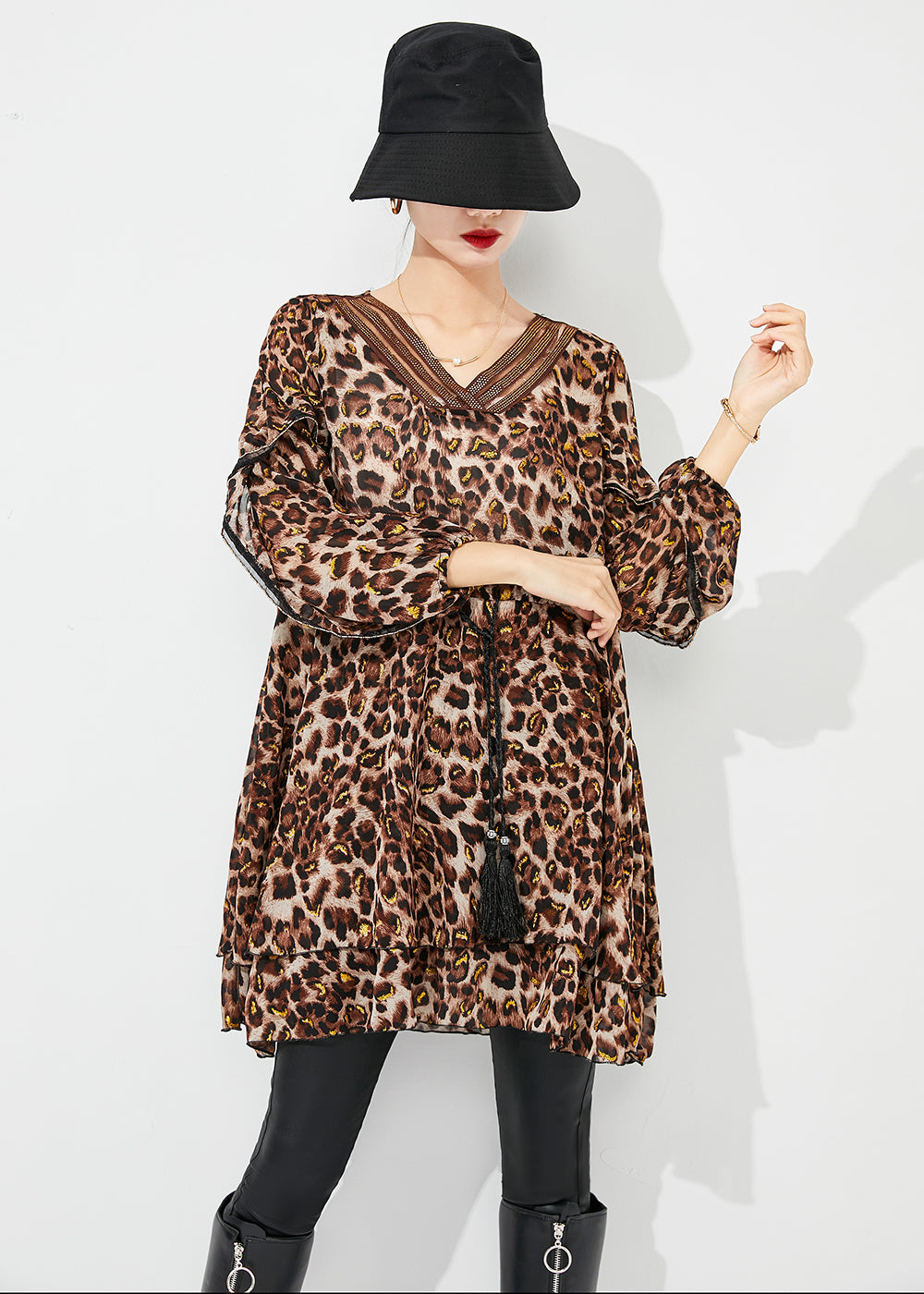 Modern Cinched Leopard Print Chiffon Mini Dresses Spring LY0814