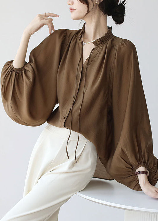 Modern Coffee Ruffled Lace Up Chiffon Shirt Top Lantern Sleeve FR2008