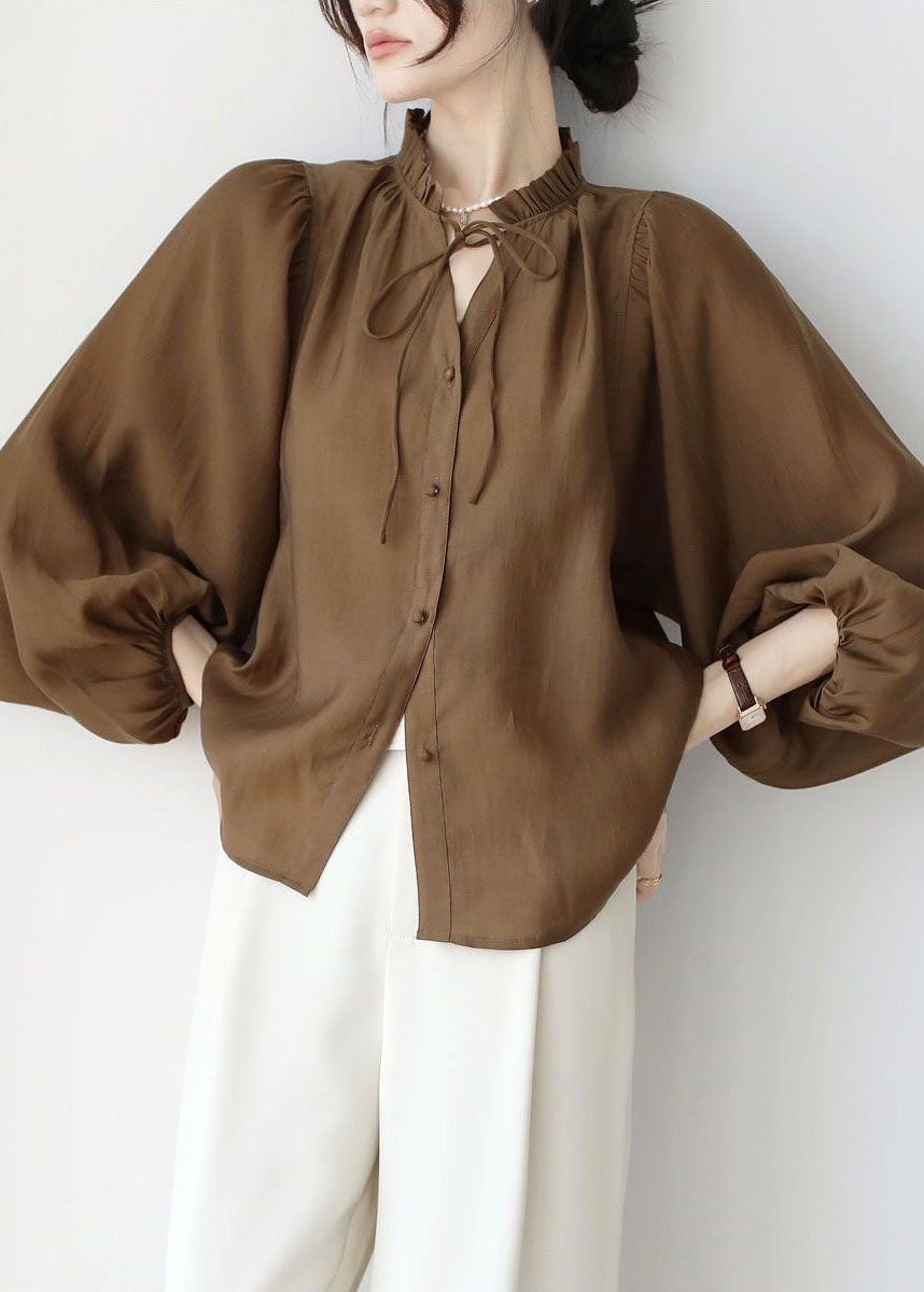 Modern Coffee Ruffled Lace Up Chiffon Shirt Top Lantern Sleeve FR2008