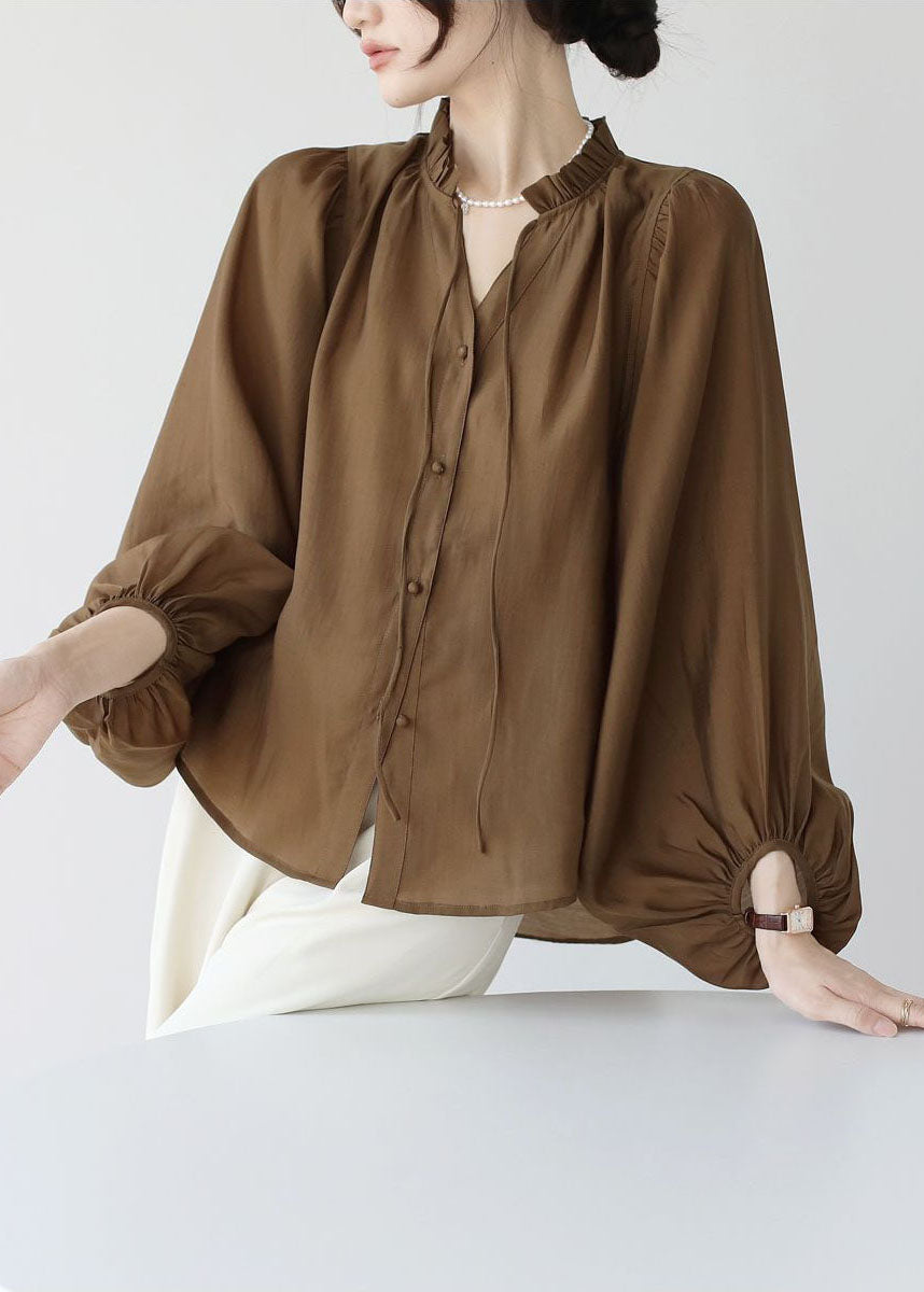 Modern Coffee Ruffled Lace Up Chiffon Shirt Top Lantern Sleeve FR2008