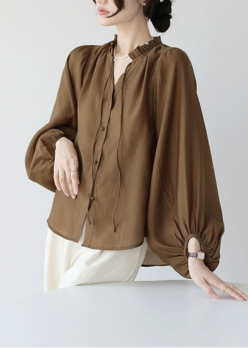 Modern Coffee Ruffled Lace Up Chiffon Shirt Top Lantern Sleeve FR2008