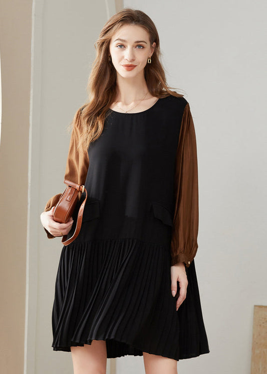 Modern Colorblock O-Neck Oversized Patchwork Chiffon Pleated Dress Spring LY0277