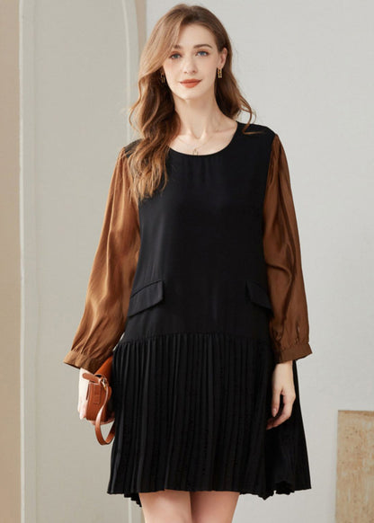 Modern Colorblock O-Neck Oversized Patchwork Chiffon Pleated Dress Spring LY0277
