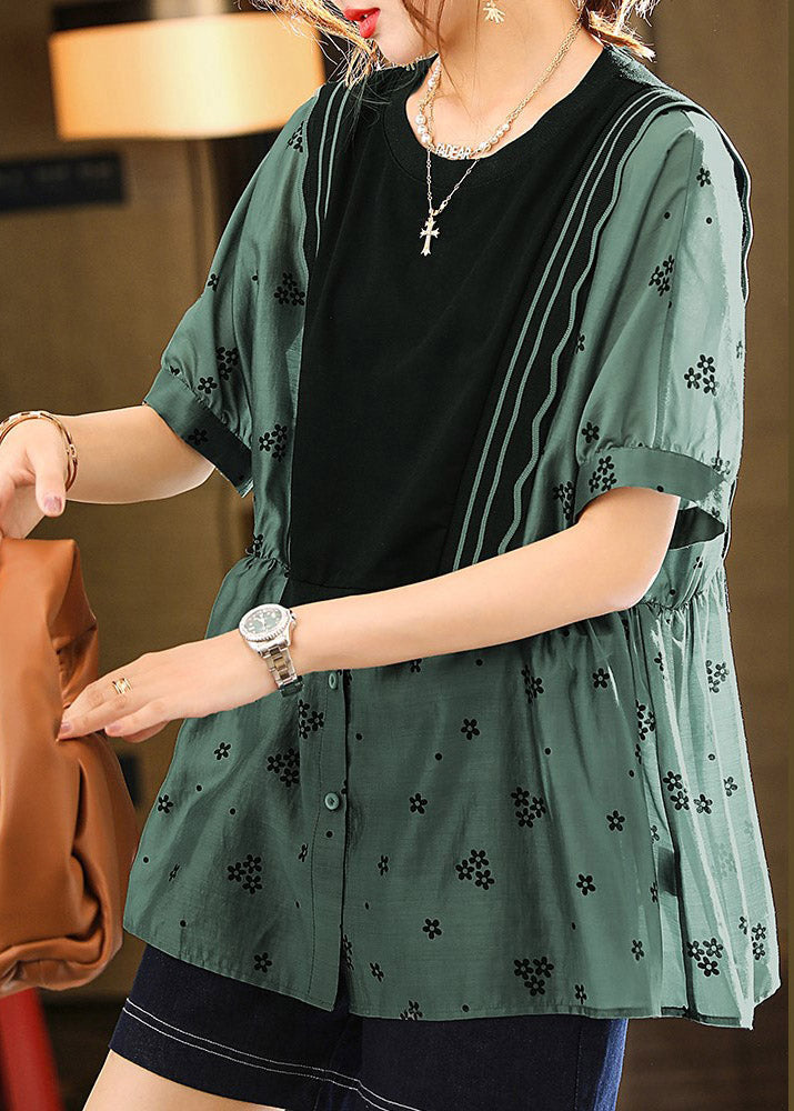 Modern Green O-Neck Print Patchwork Wrinkled Button Shirts Short Sleeve LY1495