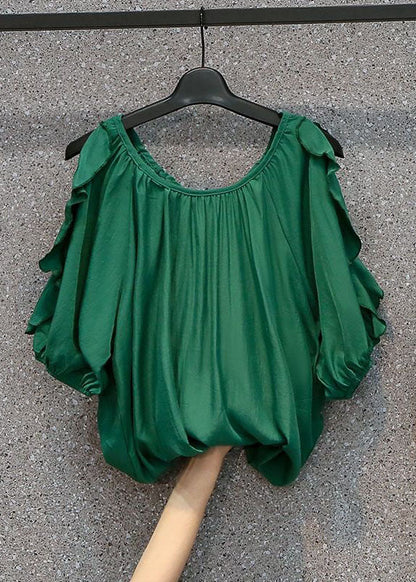 Modern Green O Neck Ruffled Patchwork Chiffon Top Summer LY0368