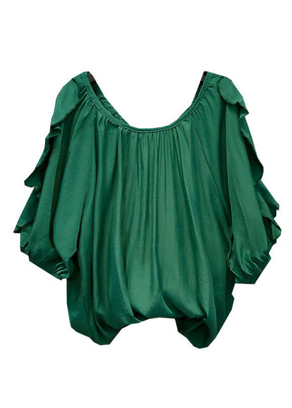 Modern Green O Neck Ruffled Patchwork Chiffon Top Summer LY0368