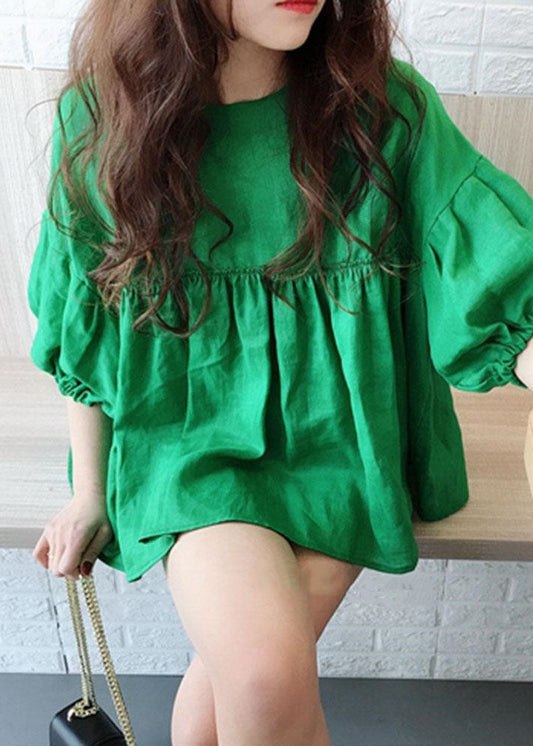 Modern Green O Neck Wrinkled Patchwork Cotton Tops Summer LY1314