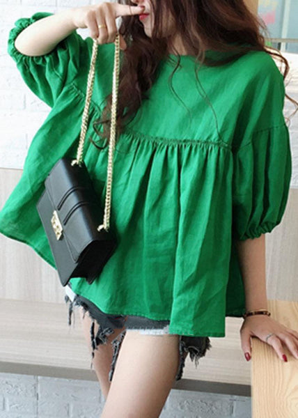 Modern Green O Neck Wrinkled Patchwork Cotton Tops Summer LY1314