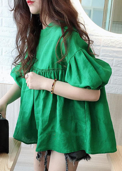 Modern Green O Neck Wrinkled Patchwork Cotton Tops Summer LY1314