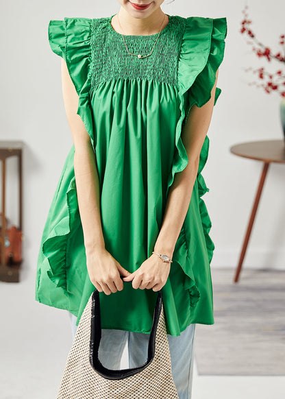 Modern Green O-Neck Wrinkled Patchwork Ruffles Cotton Tops Sleeveless LY1817