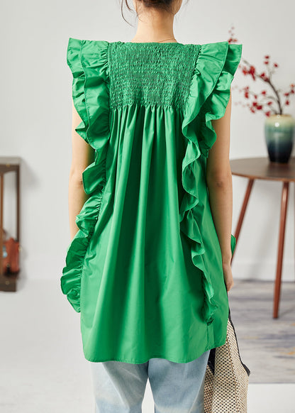 Modern Green O-Neck Wrinkled Patchwork Ruffles Cotton Tops Sleeveless LY1817