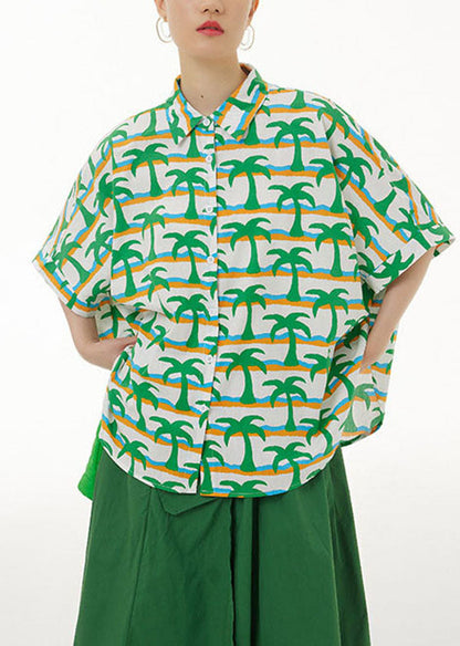 Modern Green Peter Pan Collar Print Cotton Shirts Top Summer LY1219