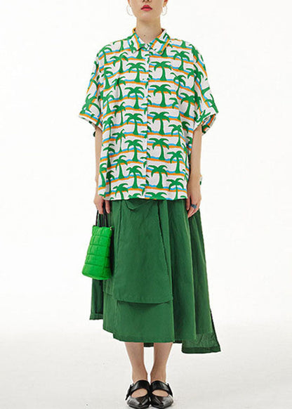 Modern Green Peter Pan Collar Print Cotton Shirts Top Summer LY1219