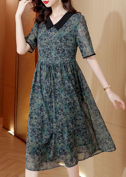 Modern Green Peter Pan Collar Print Drawstring Patchwork Silk Dresses Summer TI1002