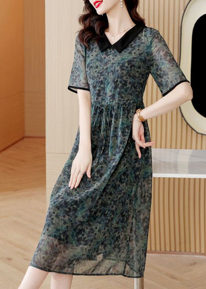 Modern Green Peter Pan Collar Print Drawstring Patchwork Silk Dresses Summer TI1002