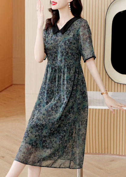 Modern Green Peter Pan Collar Print Drawstring Patchwork Silk Dresses Summer TI1002