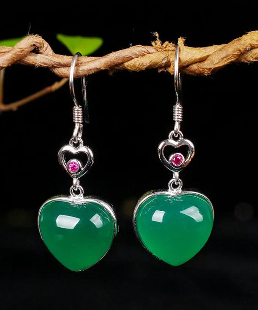 Modern Green Sterling Silver Inlaid Love Chalcedony Drop Earrings Ada Fashion