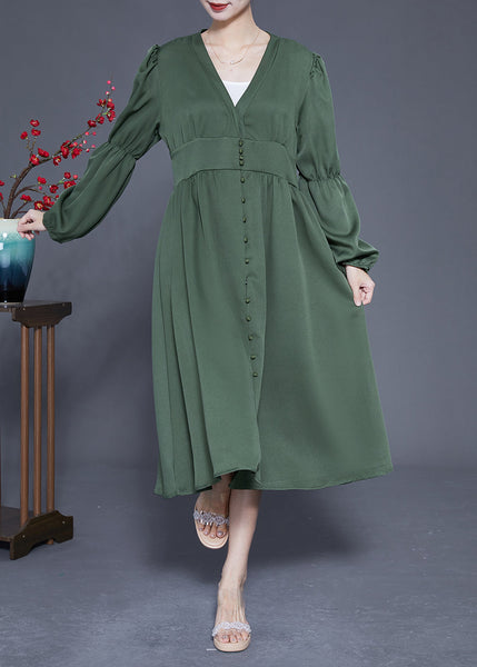 Modern Green V Neck Cinched Patchwork Button Silk Dress Spring LY1843