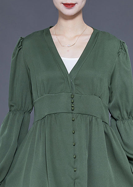 Modern Green V Neck Cinched Patchwork Button Silk Dress Spring LY1843